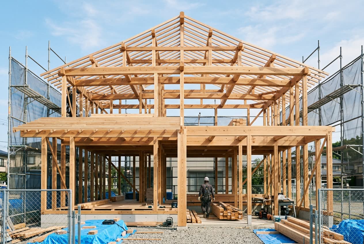 上棟後、柱と梁の木組みがあらわしになった建築現場