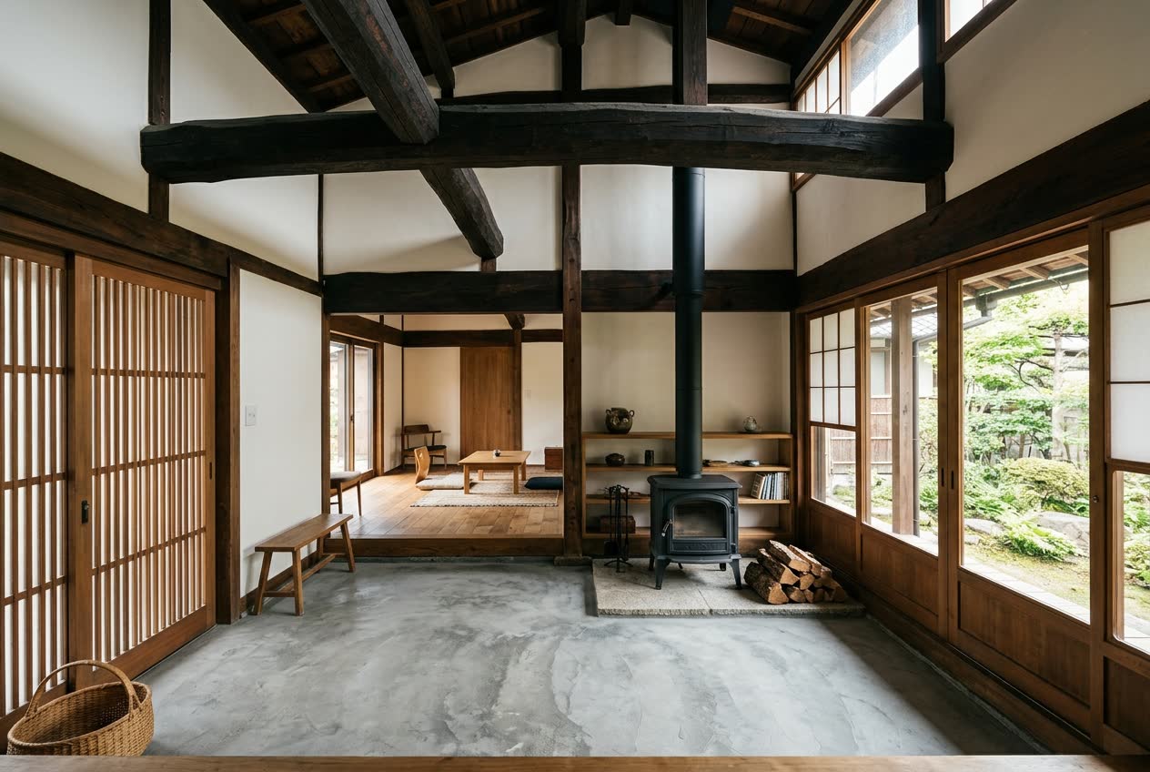 古い梁を残して土間をつくった住まい